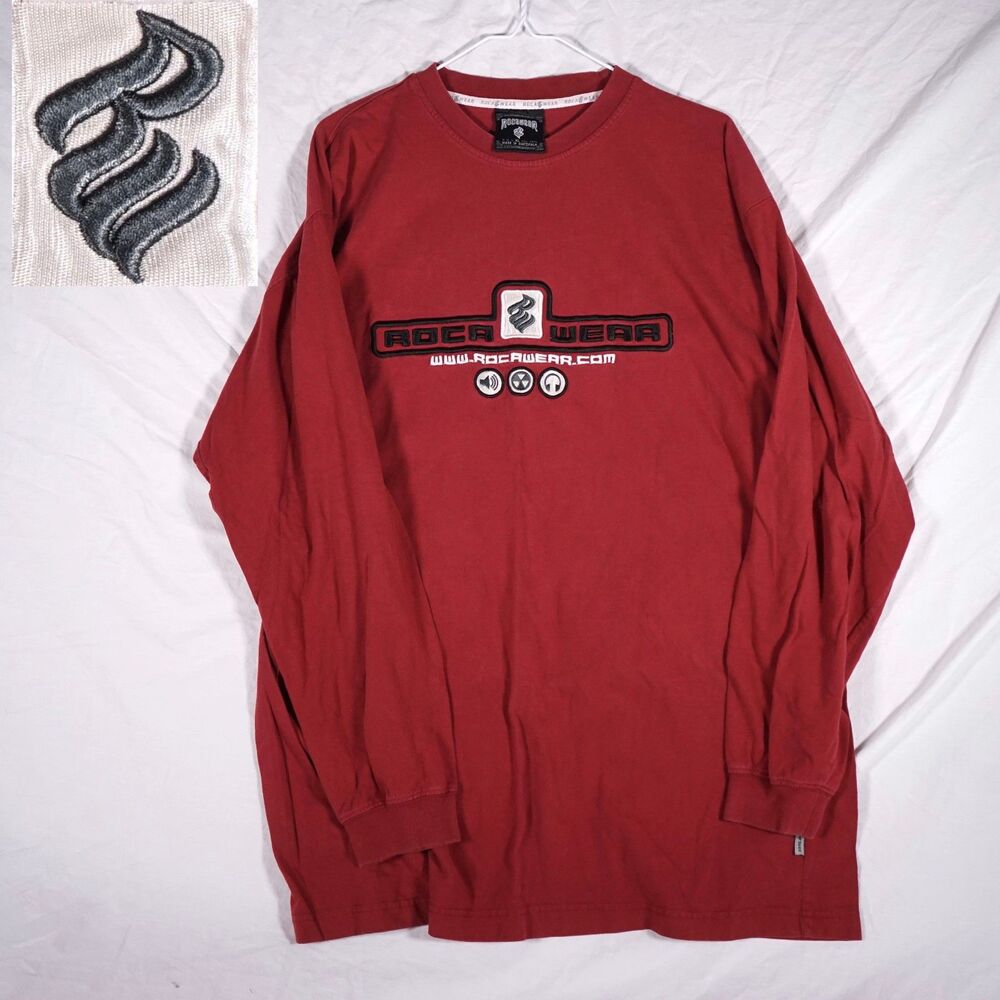 Vintage Rocawear Y2K Long Sleeve T Shirt Red Embroidered Logo Mens XL